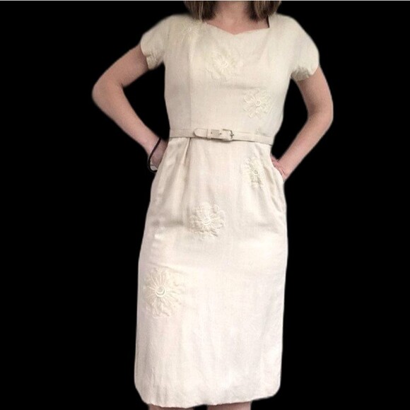 Vintage 50s Neutral Dress Wiggle Bombshell Franklin S - Picture 1 of 10